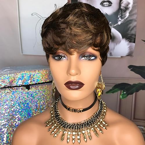 Miniatura 7 de HOTKIS Pelucas cortas de cabello humano para mujeres negras, peluca corta marrón con corte Pixie, pelucas cortas de cabello humano con flequillo,