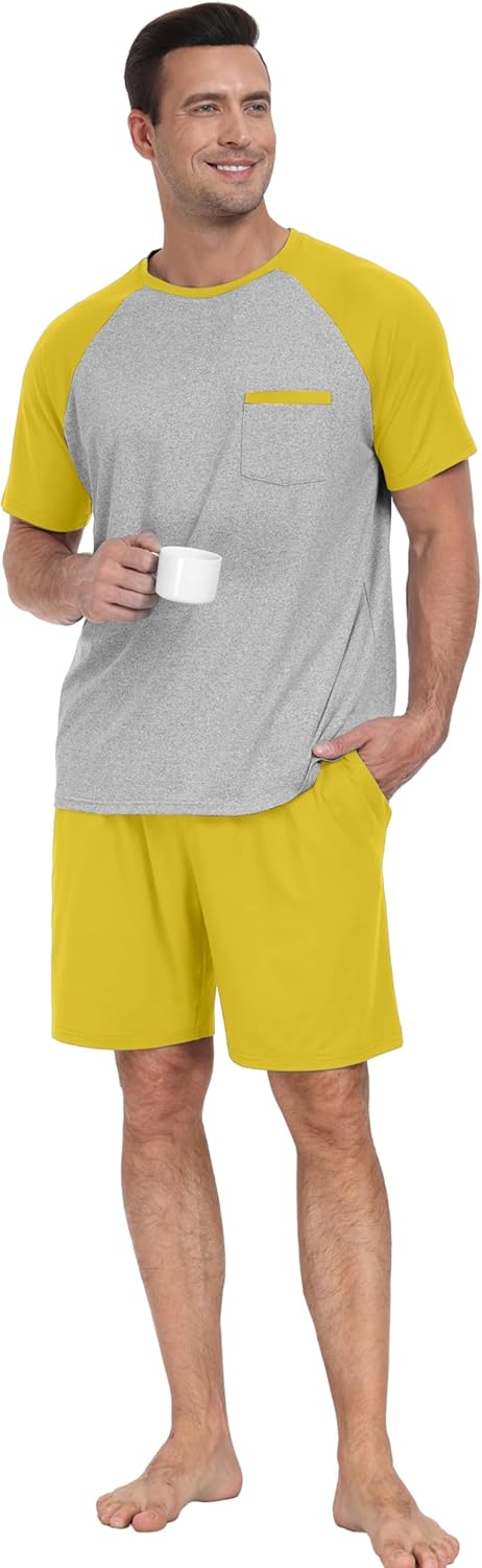 PrinStory Mens Pajama Sets Summer Pjs Sleepwear Nightwear Lightweight Quick Dry Soft Short Sleeve Sleep Set With Pocket S-4XL - Image 4