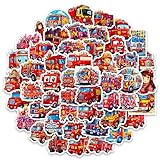 QIEMOT Fire Truck Stickers 50 Pcs, Firetruck Fire Fighter Cars Sticker, Waterproof Vinyl Decal Pack Gift for Kid, Toddler, Boy, Girl, Water Bottle, Scrapbook, Helmet, Party Supplies