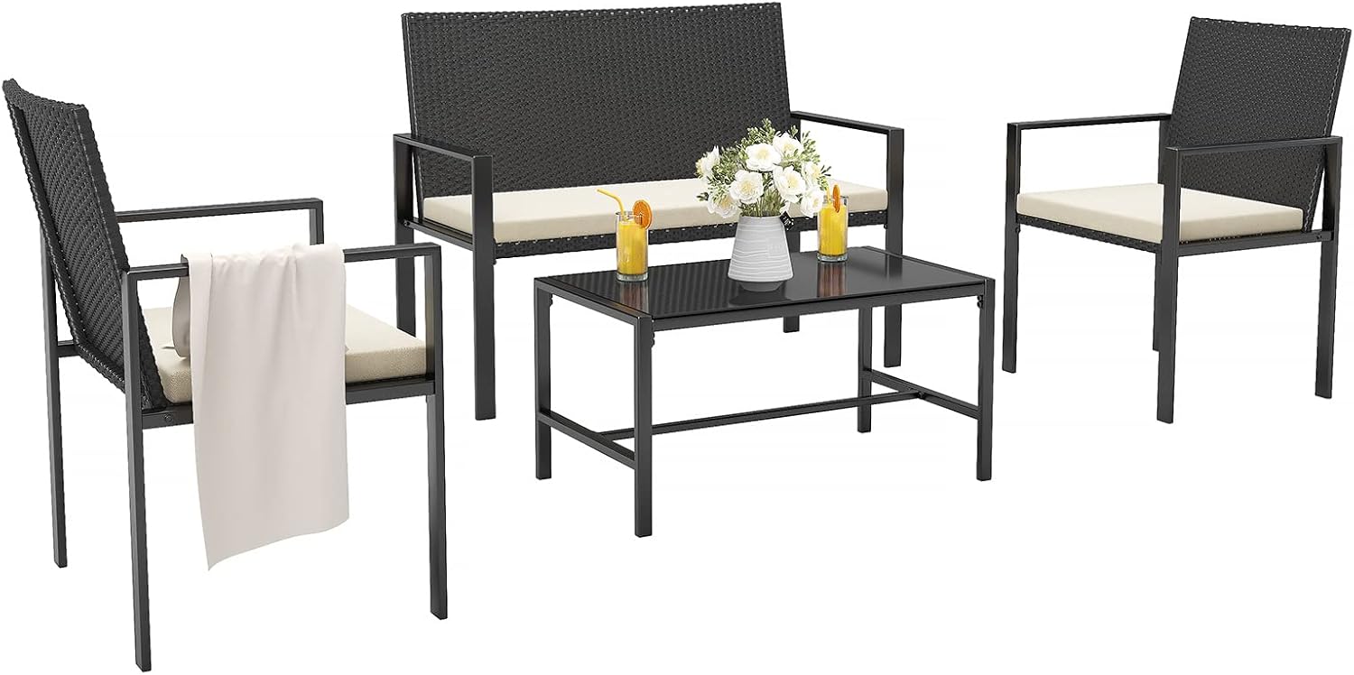 rattantree Patio Furniture Set, 4 Pieces Outdoor Rattan Garden Furniture Set Wicker Patio Conversation Furniture Set for Yard, Poolside, Lawn, Porch and Backyard (Black 1)