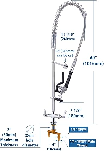 Miniatura 2 de Grifo comercial con pulverizador, montaje en cubierta, 40 pulgadas de altura, latón, grifo de restaurante con manguera flexible de acero inoxidable
