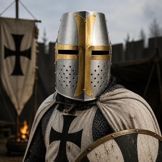 Średniowieczny hełm rycerza krzyżowca, stal o grubości 18, polerowane srebro z mosiężnymi akcentami krzyżowymi, wielki hełm na całą twarz, do LARP, Cosplay, rekonstrukcji