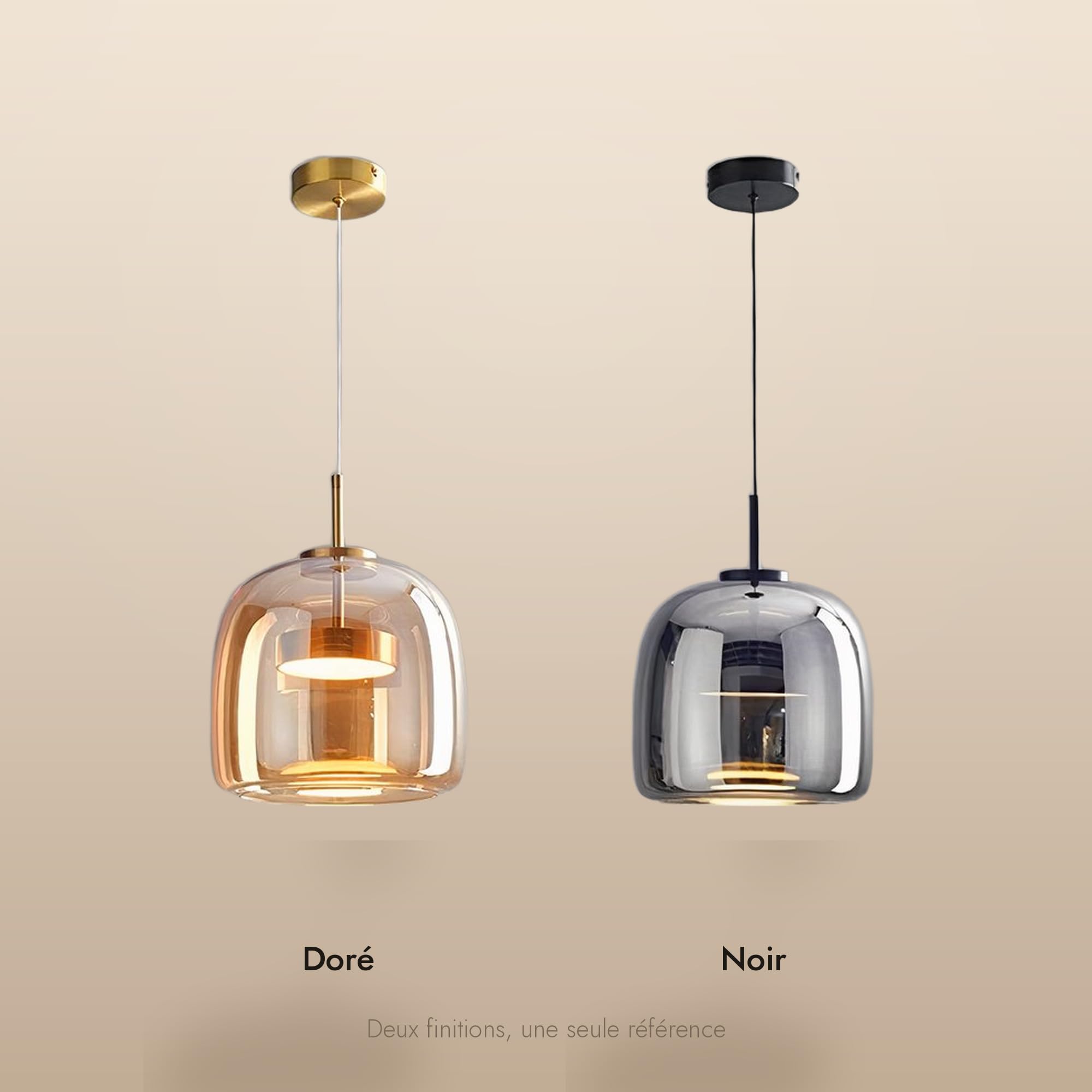 Générique Suspension Verre Fumé LED Intégrée Ø26 cm Dorée, Lampe Suspendue Verre Ambré Double Paroi, Blanc Chaud, LED de Rechange Incluse, Câble Réglable 230 cm, Salon Cuisine Salle à Manger