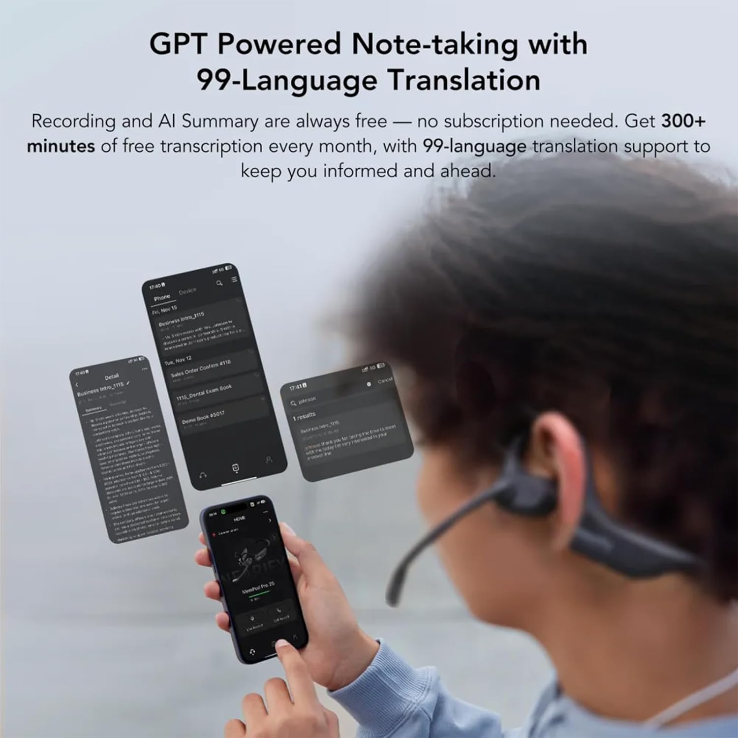 NEARITY MemPod Pro 2S Voice Recorder Headset, Open Ear Bluetooth Headphones with Mic, ChatGPT Powered Transcribe & Summarize, Dongle, App Control, Support 97 Languages, for Lectures/Meetings/Calls - Image 3