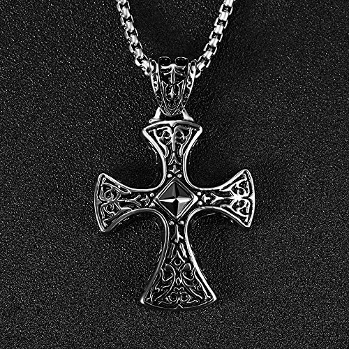 Große Schwarze Naturstein-Kreuz-Anhänger-Halskette für Herren, großes Malteserkreuz, Schwarze Strass-Mitte
