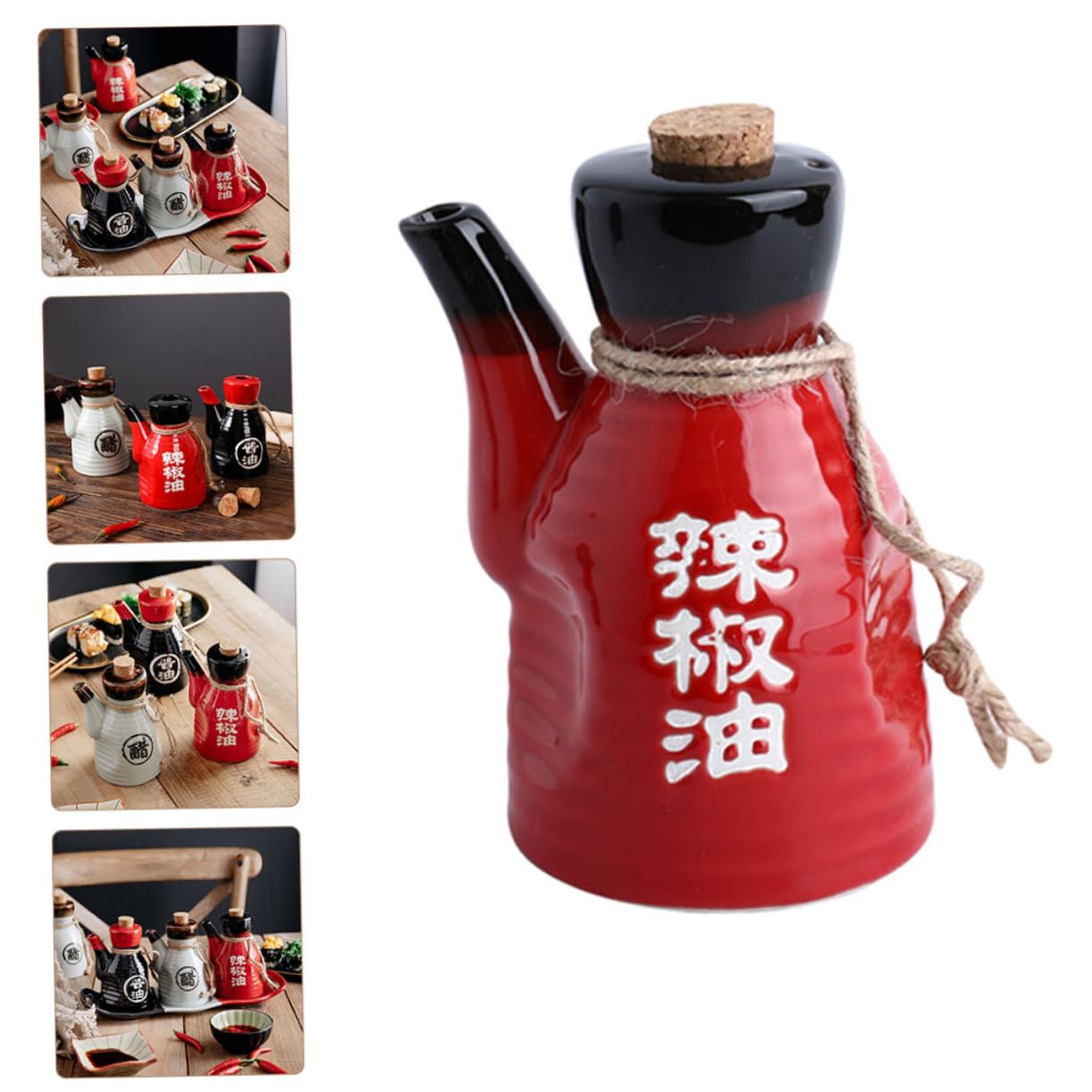 Distributore di salsa di soia in ceramica, bottiglia di salsa di soia in ceramica, serbatoio di olio in legno, bottiglia di distributore di olio for uso domestico(Red)