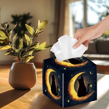 Moon Cat Square Tissue Box Cover, Foldable Tissue Storage Box, Waterproof Paper Towel Case, Organizer, Black, PU Leather