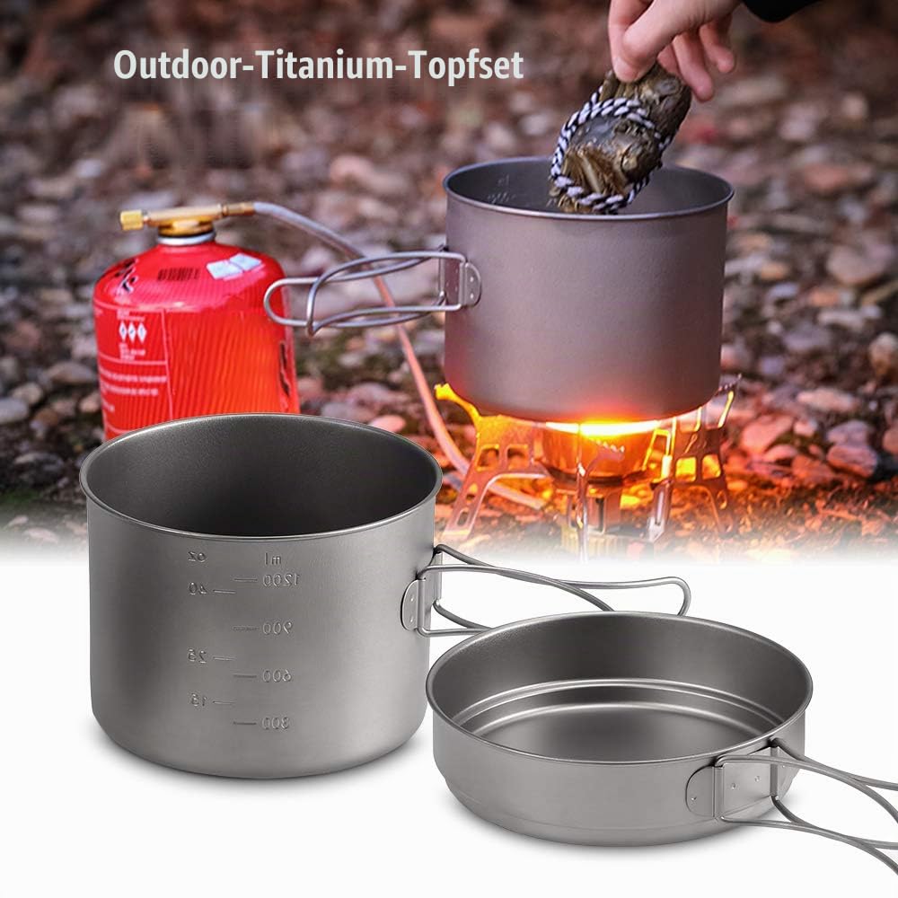 Lixada Titanium Topf Set aus reinem Titan, 1100ml / 1600ml Topf + 350ml / 500ml Pfanne,Φ125 * 102mm, mit faltbarem Griff, für Outdoor Camping, Wandern