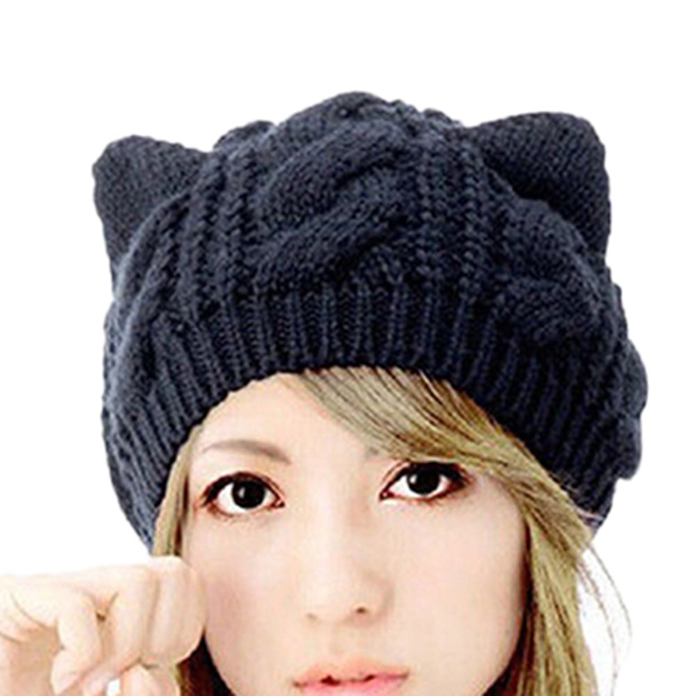 Bluelans Women's Black Bluelans® Winter Knit Crochet Braided Cat Ears Beret Beanie Ski Knitted Hat Cap (Black)
