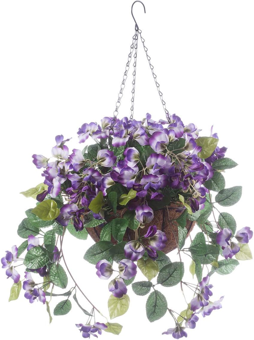 OakRidge Fully Assembled Artificial Purple Wisteria Hanging Basket, 10” Diameter with 18” Long Chain – Polyester/Plastic Flowers in Metal/Coco Fiber Liner Basket – Indoor/Outdoor Use