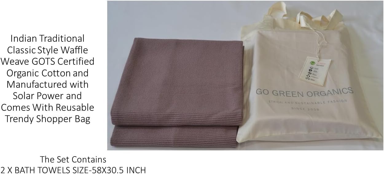 WAFFLE BATH TOWEL PACK OF 2, 30.5x58 INCHES, 100% ORGANIC COTTON, GOTS CERTIFIED (MAUVE) SUPER ABSORBANT & QUICK DRY, NO SOFTENERS, ENVIRONMENT FRIENDLY