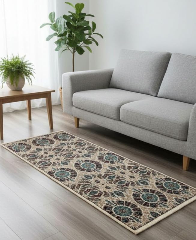 Image of Premium Runner Carpet, Vintage Medallion Pattern, Non Slip, Thick, Ideal for Bedroom, Living Room & Entryway, 3x5 Feet Ivory Multi Color