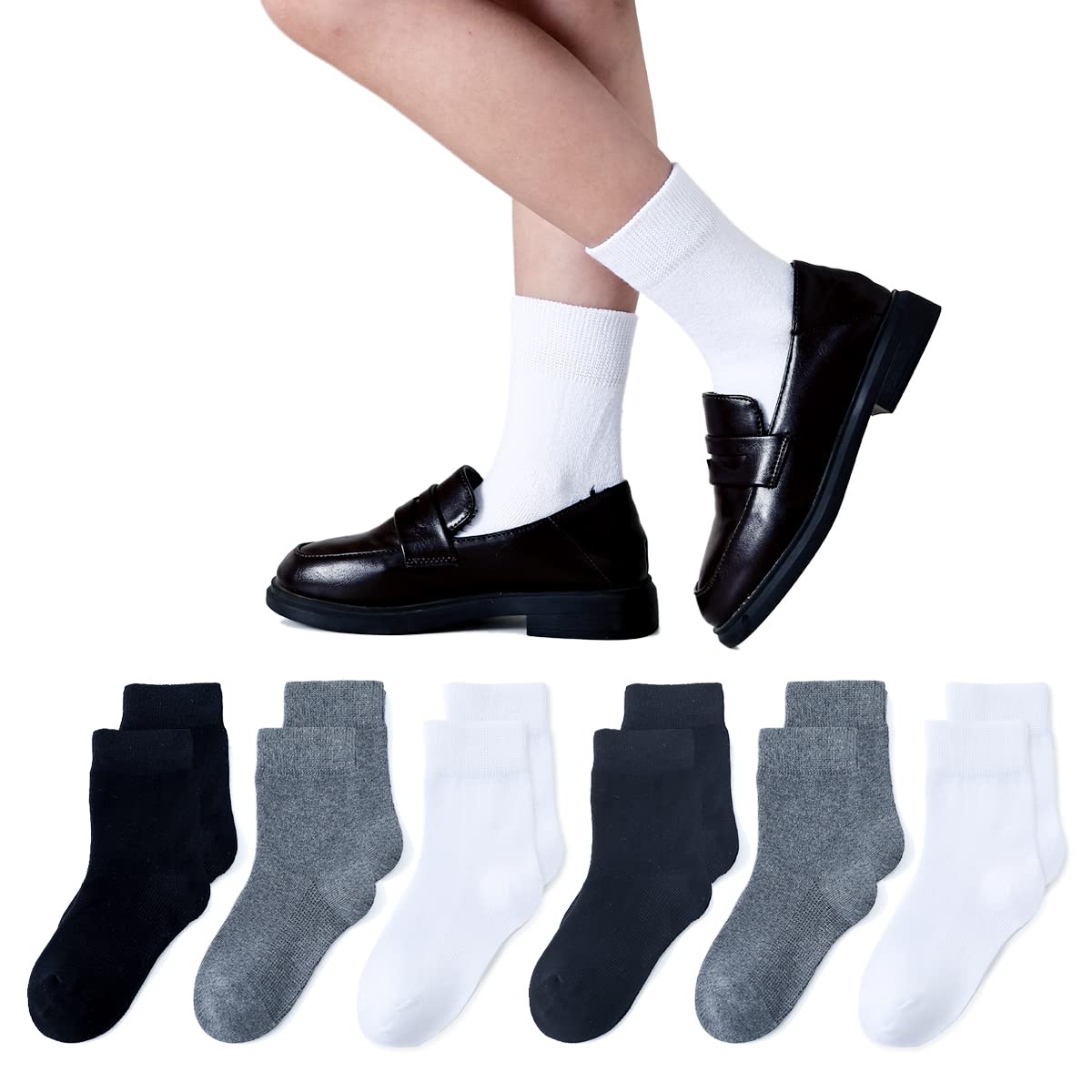 Marchare Chaussettes pour enfants sans couture Girls Crew en coton, blanches, noires et grises, lot de 6.