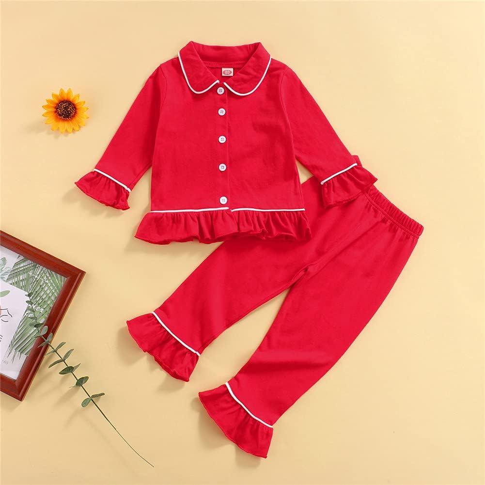 Toddler Kids Baby Girl Solid Pjs Ruffle Long Sleeve Button Shirt Top and Pants Cotton 2Piece Pajamas Set - Image 7