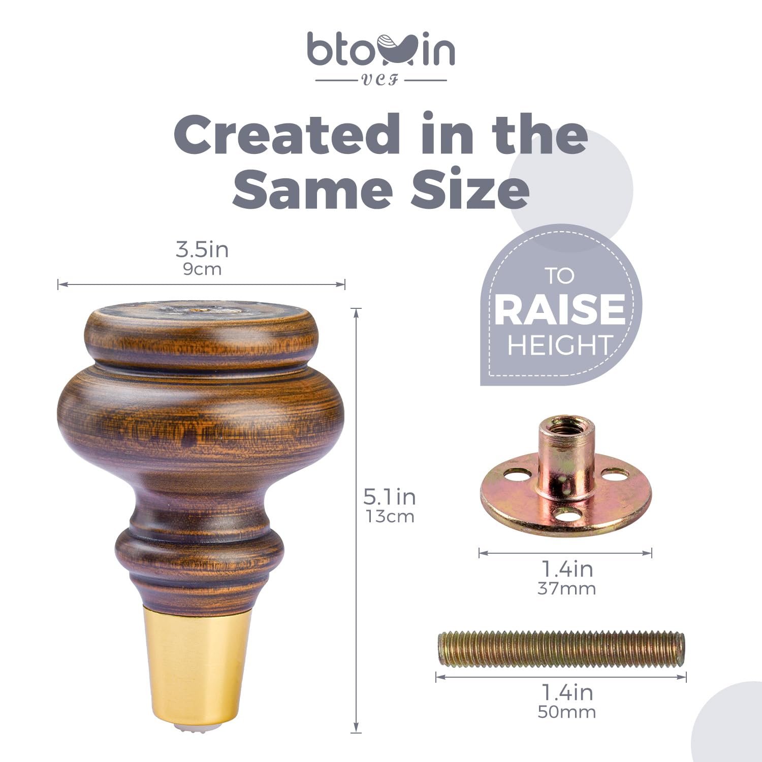 Btowin 5.2 Inch / 13cm Solid Wood Furniture Legs - Image 4