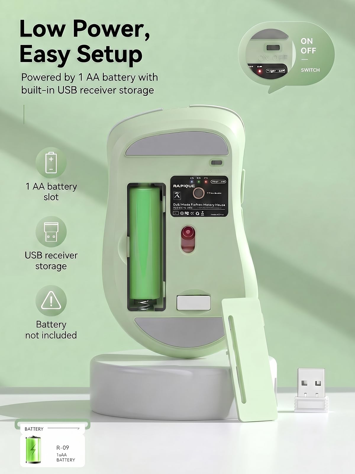 RAPIQUE Ratón inalámbrico Bluetooth, Bluetooth dual y receptor USB de 2.4 GHz, diseño a la derecha, clics silenciosos, baja potencia, compatibilidad multidispositivo para MacBook, laptop, computadora