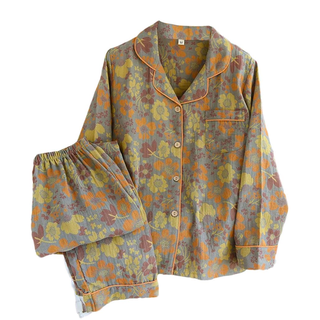 Dninmim Conjunto de pijama retro de algodón para mujer, pantalones largos, de manga larga, suave, cómodo, casual
