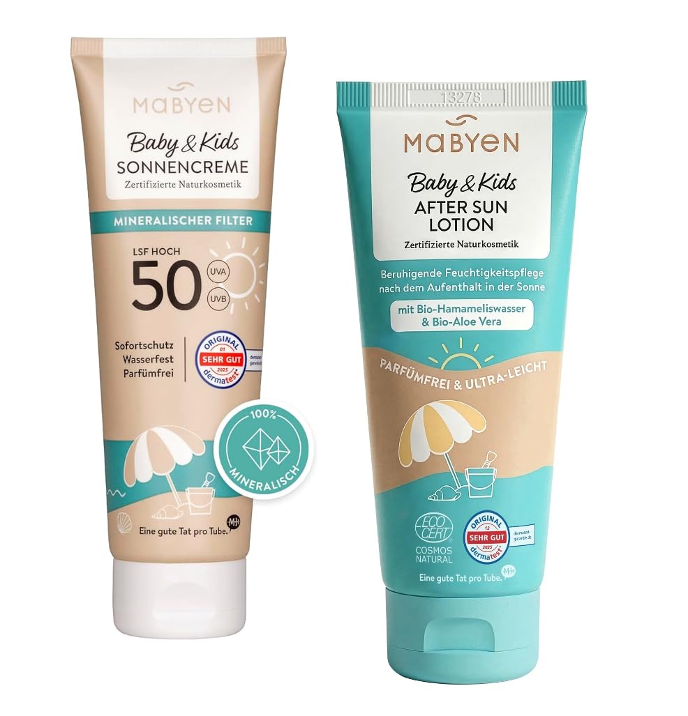 MABYEN Baby & Kids Crema solare SPF 50 e After Sun Lotion Set, filtro UV minerale al 100% in ossido di zinco, senza profumo, COSMOS Natural, 100 ml + 180 ml
