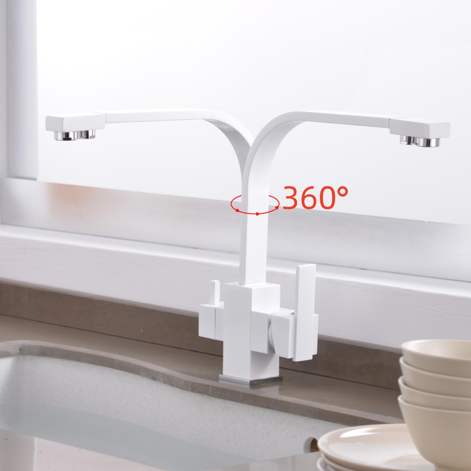 Grifo de cocina blanco de 3 vías para agua potable, giratorio de 360°, sistema de ósmosis de doble palanca, compatible con fregadero de cocina, fácil instalación