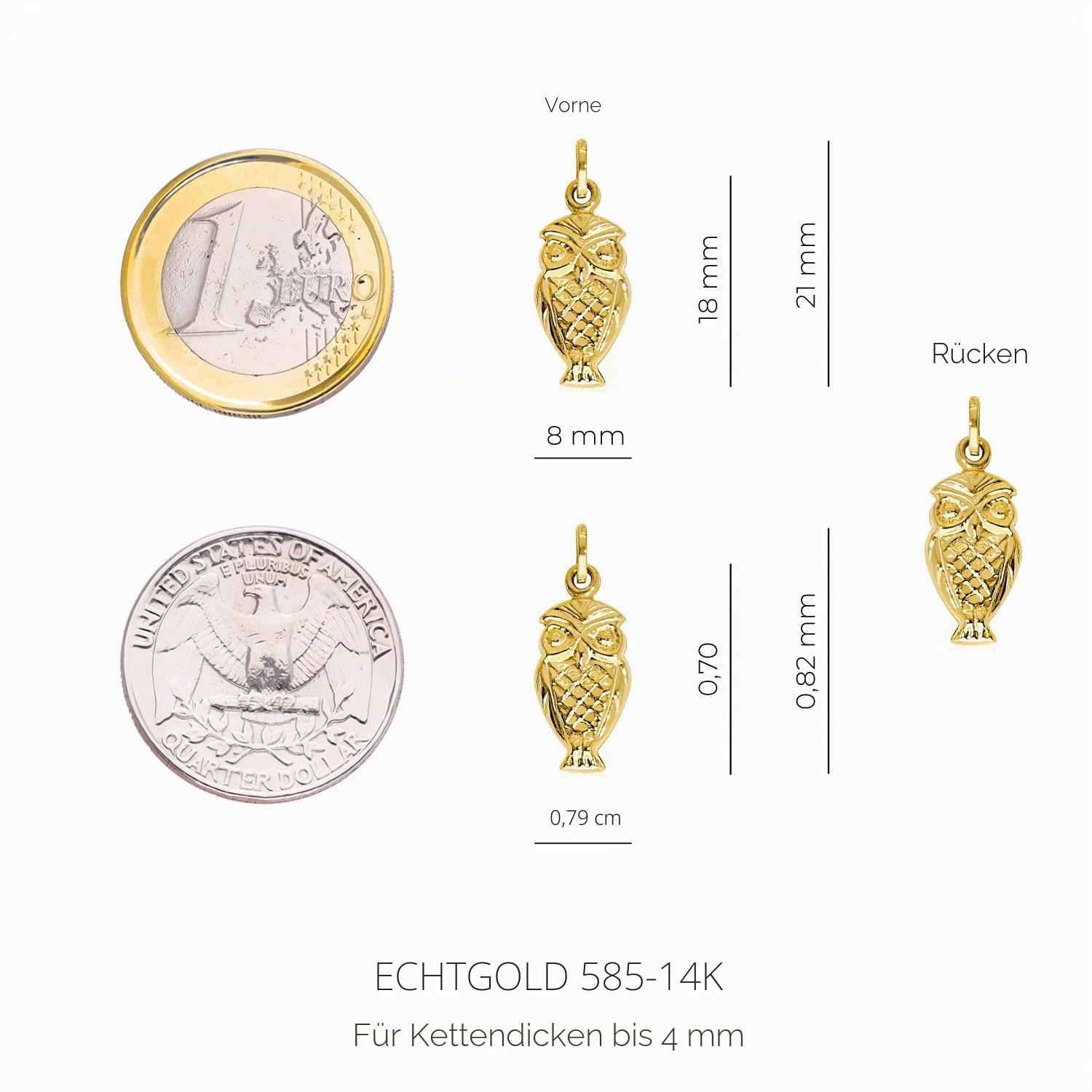 forme di Lucchetta - Glücks-Eule | Polierter 14K Gelbgold Anhänger, Goldanhänger Damen Mädchen 585 Echtgold für Kette (bis zu 4 mm) - hergestellt in Italien