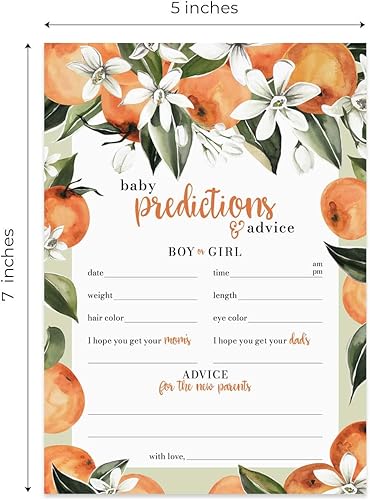 Miniatura 5 de Canopy Street Little Cutie - Juego de baby shower, 25 tarjetas temáticas de cítricos naranjas de predicción para bebés, hojas de actividades de