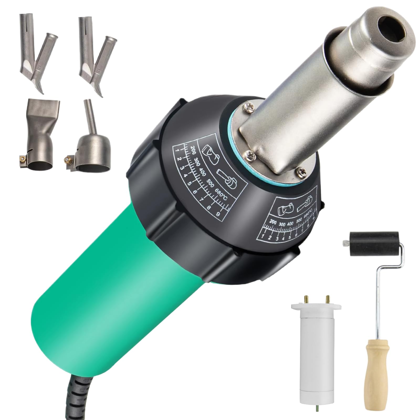 Générique Pistolet à souder Plastique 1600 W, Torche à air Chaud 30-700 °C, 230 l/Min, kit de soudage avec 4 Pointes, Noyau Chauffant, Tige à Rouleau.