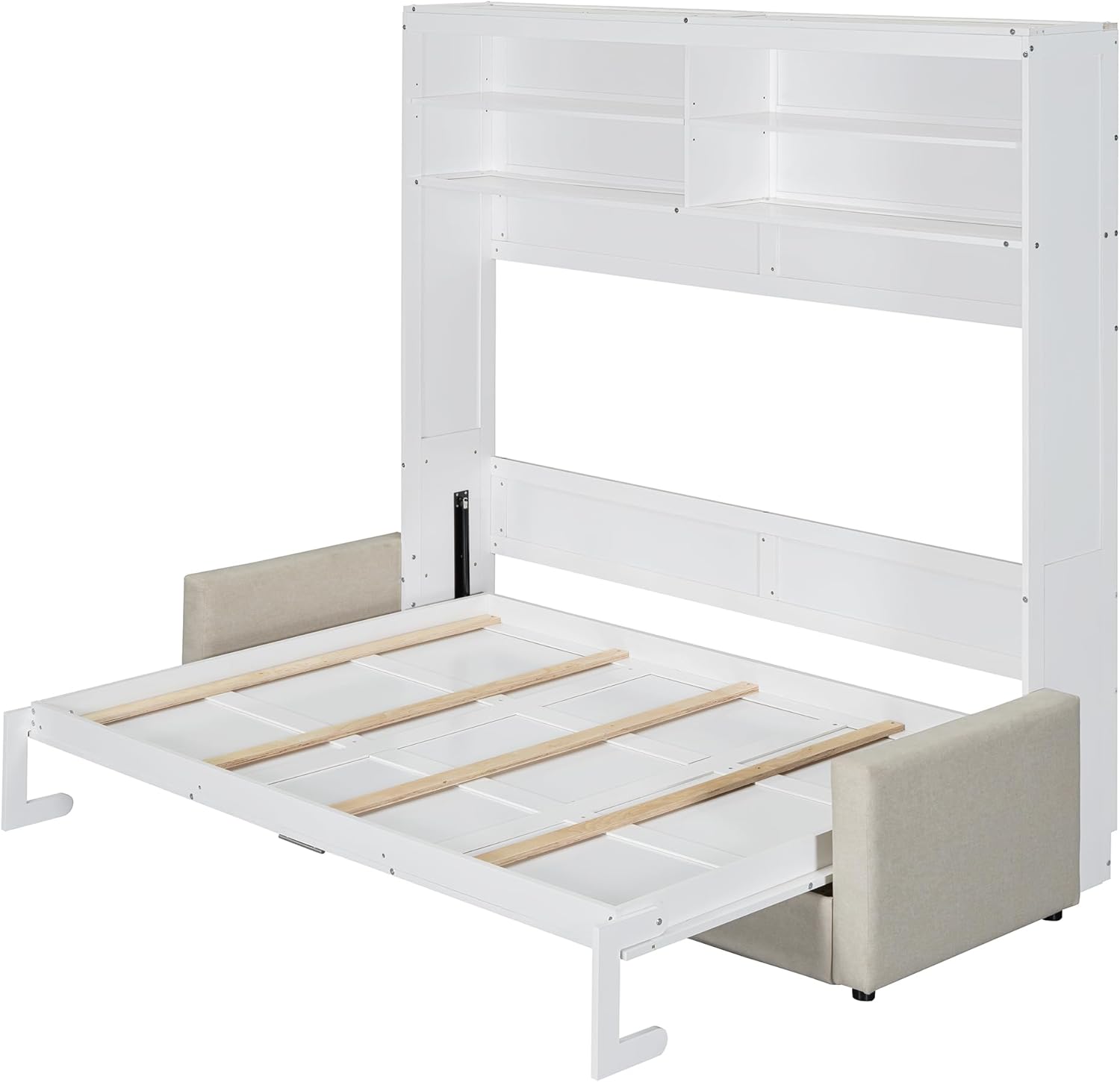 Bed frame with wooden slats and side supports, ready for mattress placement.
