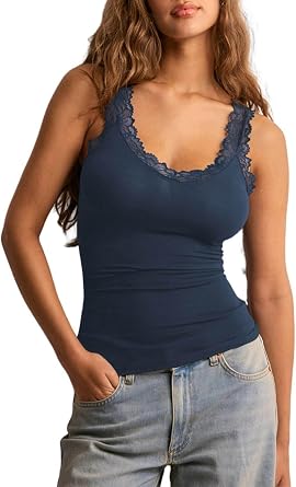 Volemo Womens Lace Trim Tank Tops Scoop Neck Camisole Sleeveless Patchwork Cami Top