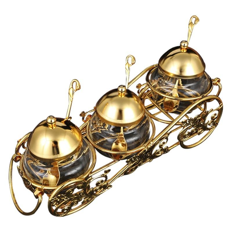 Elegante juego de azucarero dorado de tres piezas con cuchara | Tarro de condimentos de cocina | Decoración artesanal de metal.