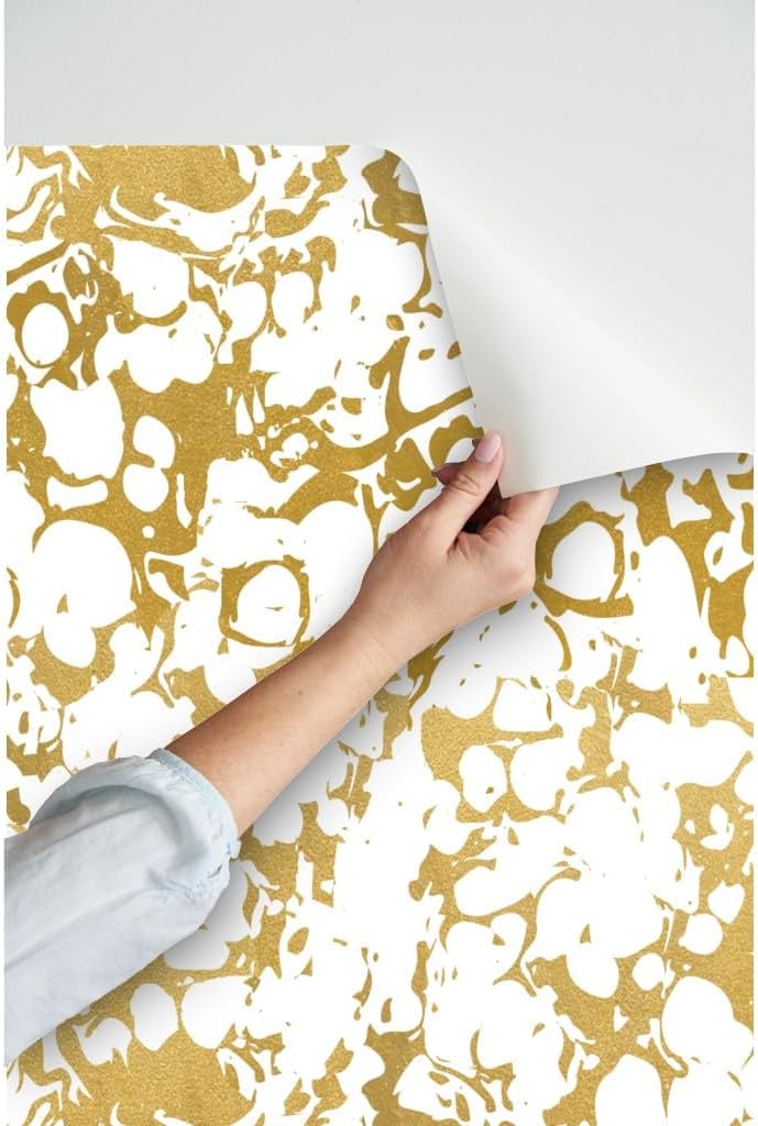 Peel & Stick Wallpaper 3ft x 2ft - Faux Gold White Marble Bubble Metallic Look Abstract Custom Removable Wallpaper by Spoonflower