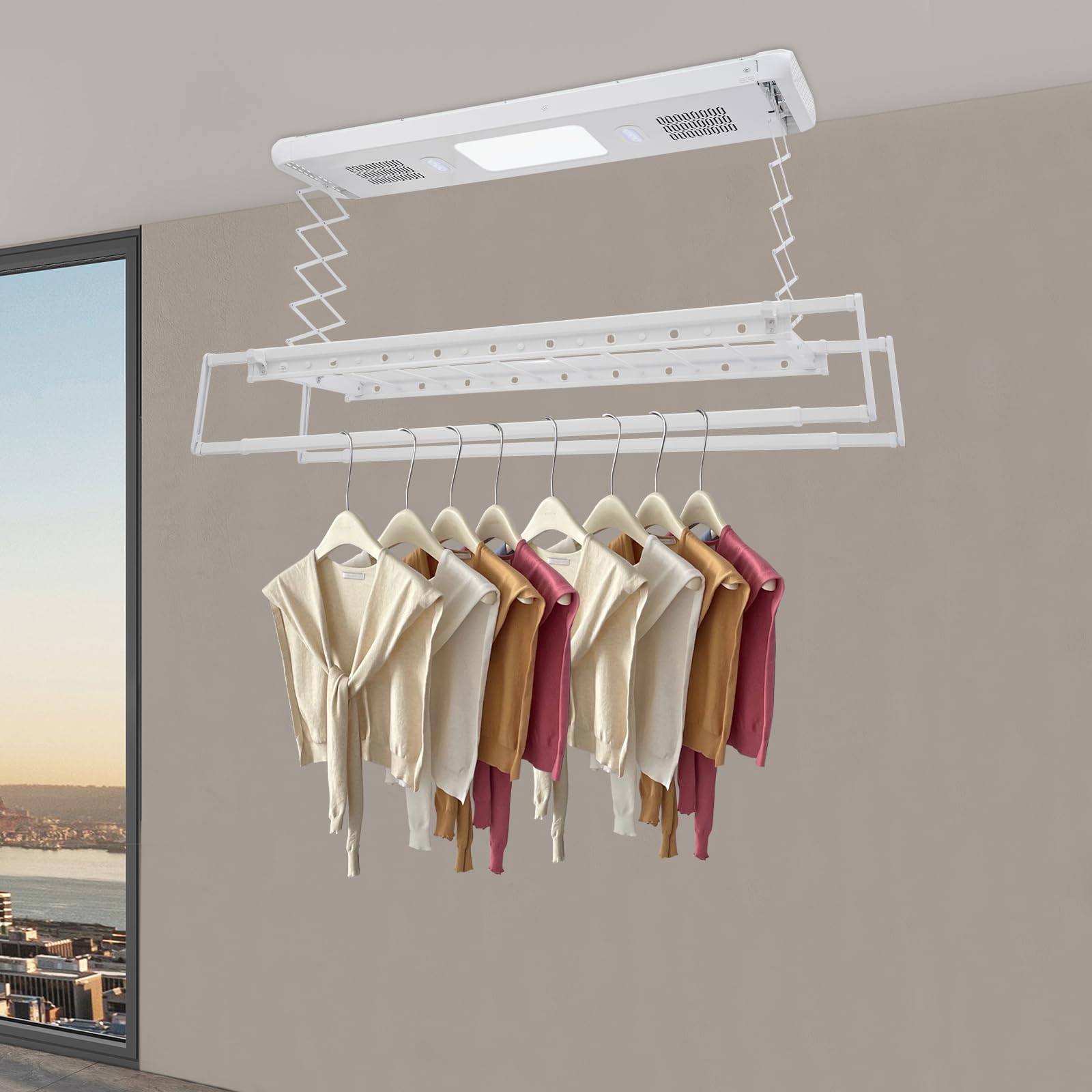 Elektrischer Wäscheständer für Wand und Decke mit Ventilator und Fernbedienung | 130-215 cm Ausziehbar, 35kg Tragkraft | Decken Wäschetrockner für Hausbalkone Badezimmer (Weiß)