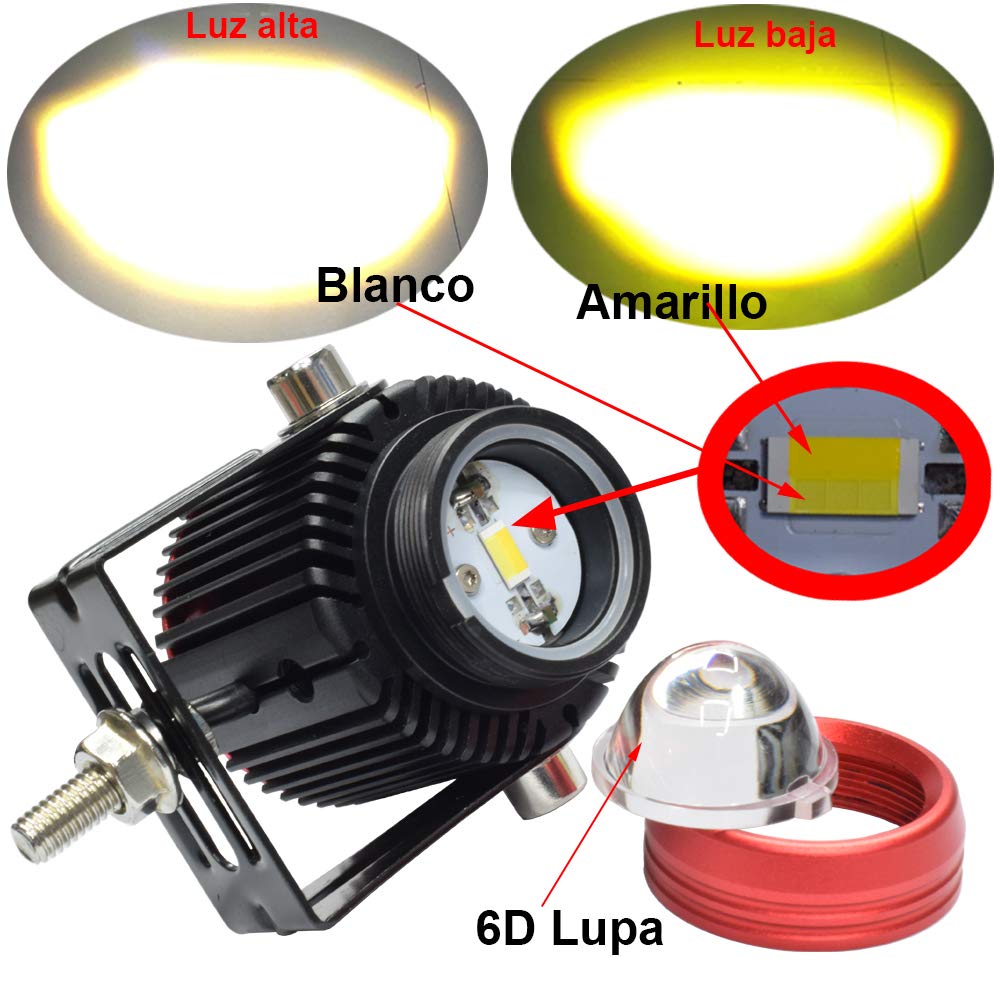 Faro Delantero LED Moto, Foco led Tractor, Faro Auxiliar Offroad, DC 12V 24V, 20W, Luz Blanca y Luz Amarilla Combinadas, Luz Antiniebla led para Coche, Camión y ATV, 2 Modos, 2 Piezas