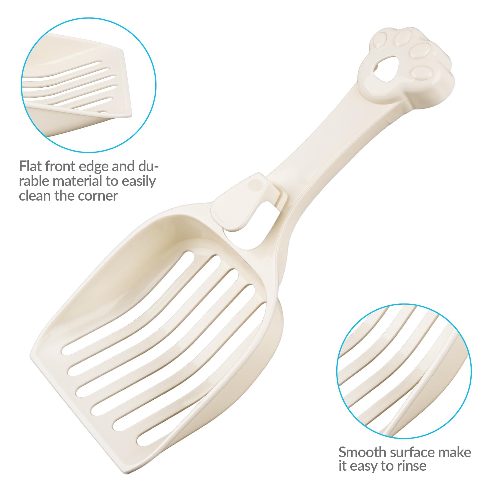 Depets Cuchara de arena para gatos, pala de arena con listones anchos, pala de arena para gatitos para pellets de pino, cuchara de plástico duradero, diseñada para un fácil tamizado, blanco lechoso