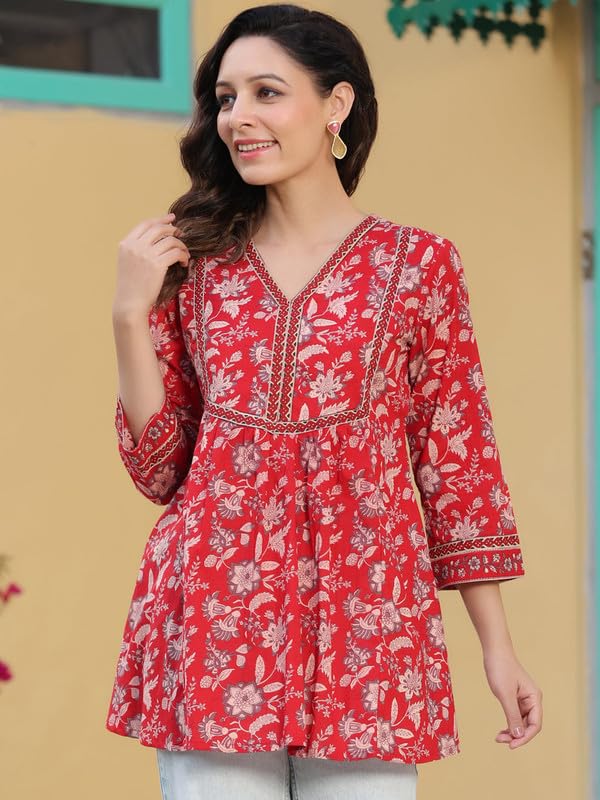 Image of Women's Ethnic Printed Rayon Short Kurta | Stylish Round Neck V-Slit Straight Kurti | Comfortable, Office & Casual Kurta for Jeans, Leggings & Trousers
