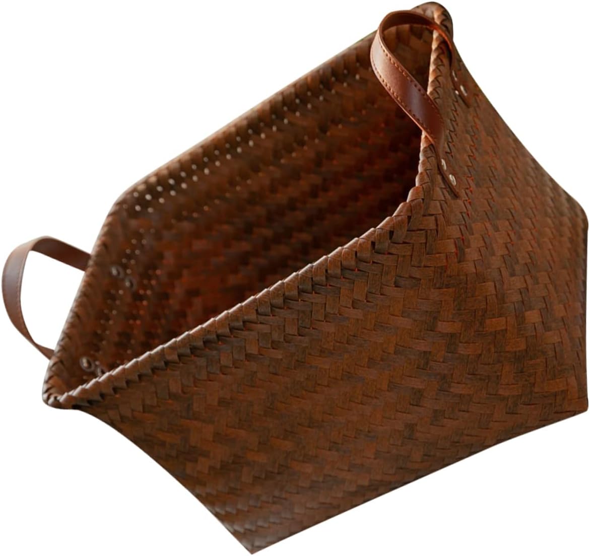 Medium Woven Laundry Basket with Leather Handles Lightweight Organizer for Clothes Books Plastic Storage Bin for Home Use Smooth Surface No Scratch Design