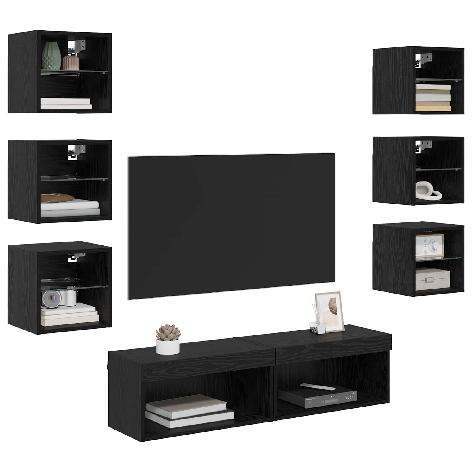 Mueble de TV con tiras de luz LED, efecto roble negro, 8 piezas, montaje en pared, con cajón, compartimento, estante y espacio de almacenamiento para sala de estar, cine en casa, juegos