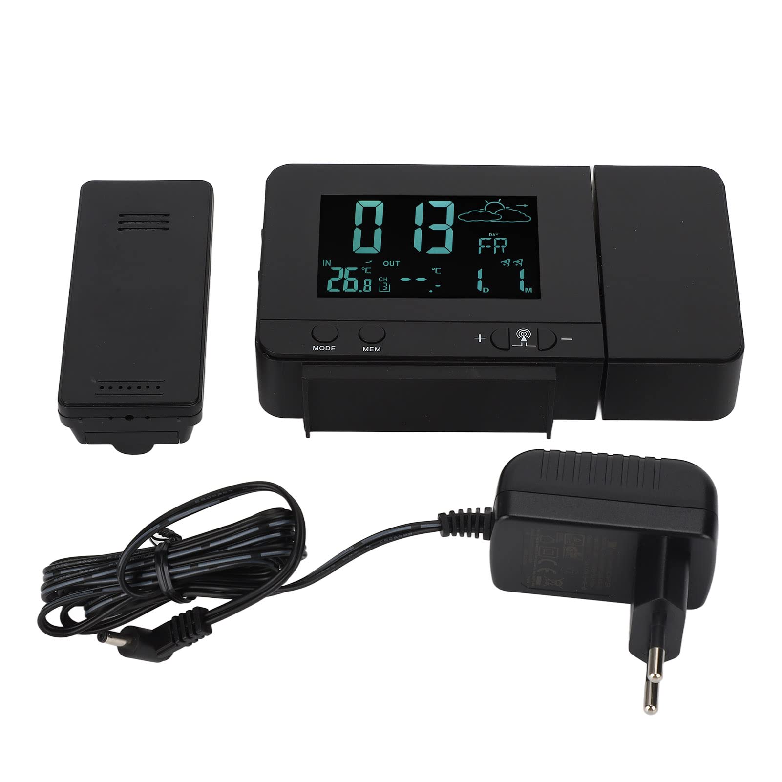 Zerodis Projektionswecker, Temperaturanzeige, 8 Farben mit Hintergrundbeleuchtung, Einstellbare Schlummerfunktion, USB-Wecker für Zuhause (EU-Stecker)