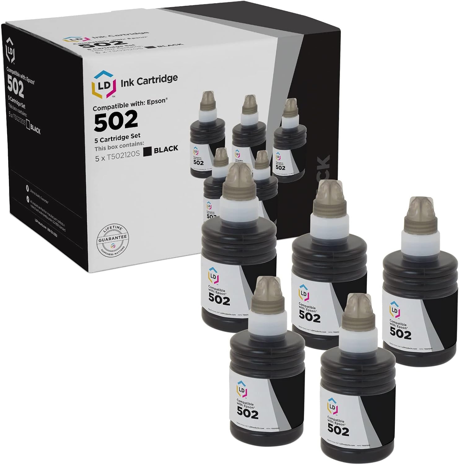 LD Products Compatible Ink Bottle Replacement for Epson 502 T502120-S (5 Pack - Black) for use in Epson ET Series, Expression and Workforce