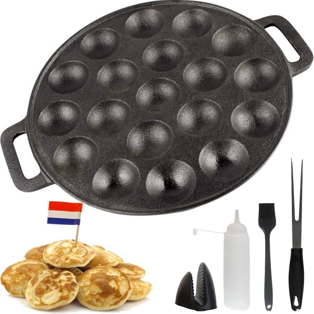 Poffertjes Pfanne 24 cm – Gusseisen Donut Maker & Pancake Pfanne – Backform für 19 Mini-Pfannkuchen – Induktion & alle Herdarten – Crepe Pfanne mit Zubehör & Rezept-E-Book