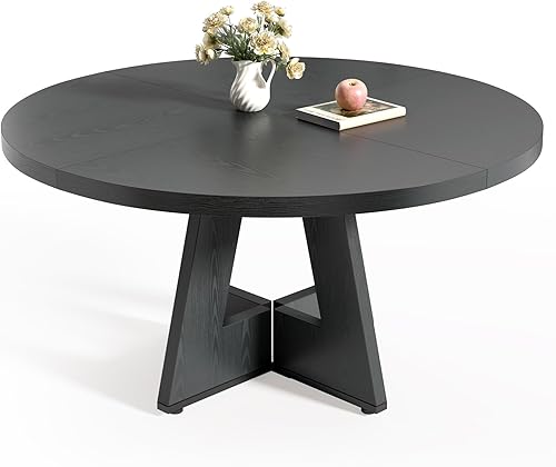 LITTLE TREE Mesa de comedor redonda para 4-6 personas, mesa de comedor de 47 pulgadas con base de pedestal de madera, mesas de comedor negras, mesas