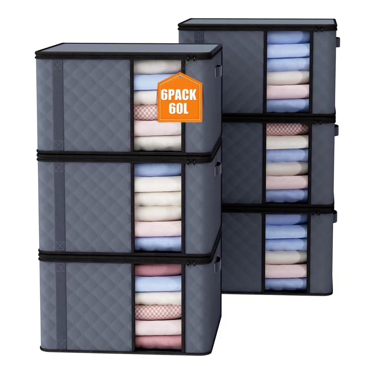 Auveir 6 Stück 60L Aufbewahrungstasche, Aufbewahrungsbox mit Deckel, Große Kleideraufbewahrung Umzugskartons, Faltbare Aufbewahrung Boxen für Bettdecken Decken Kleidung Unterbett Kleiderschrank
