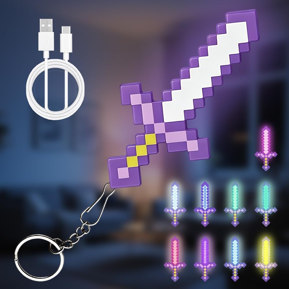 9 Colours Diamond Sword Keyring Purple, Miner Game Diamond Sword Light Key Ring Craft LED Pendant Portable Mini Lamp USB Rechargeable for Children Gifts, Room & Party Decoration