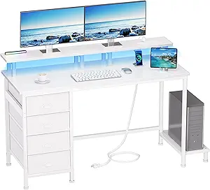 Furologee 47" White Computer Desk with 4 Fabric Drawers & Monitor Stand, Gaming Desk with Power Outlets - LED Lights, Home Office Space-Saving Study Table for Bedroom Small Spaces