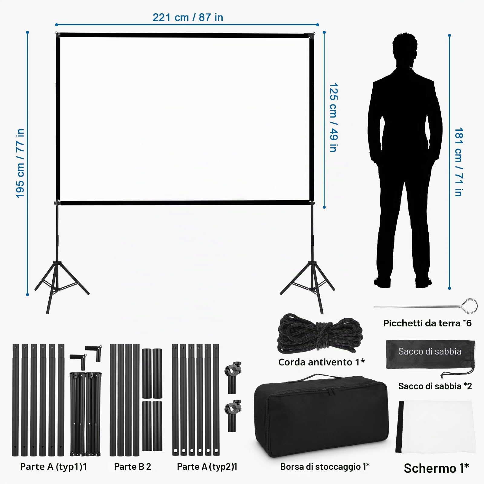 Proiettore Tela con Treppiede 100 Pollici Proiettore Tela Portatile Outdoor Cinema 16:9 HD Rear Front Giardino Proiezione con Borsa per la Casa Cortile Teatro Notti Campeggio