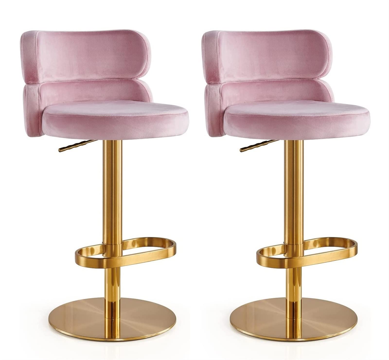 Set Di 2 Sgabelli Da Bar In Velluto Con Schienale, 65 Cm, Design Nordic Lusso, Con Gambe In Metallo E Poggiapiedi (Rosa, Oro, Bianco - 65 Cm)