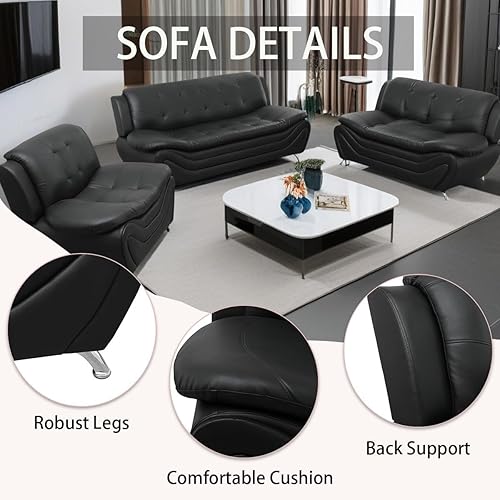 Miniatura 6 de Moderno conjunto de sofá seccional de cuero de 3 piezas sofá de 6 plazas, sofá biplaza y sillón con tapizado de cuero sintético y estructura