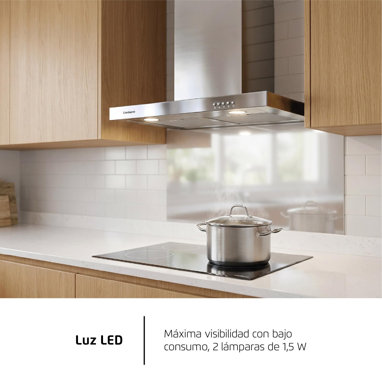 Corberó - Hotte décorative horizontale 70 cm | VOSTOK760X | Inox | Débit 647,7 m3/h | 165 W | 3 vitesses | 2 filtres en aluminium | Filtre charbon | Efficacité énergétique A, Inox