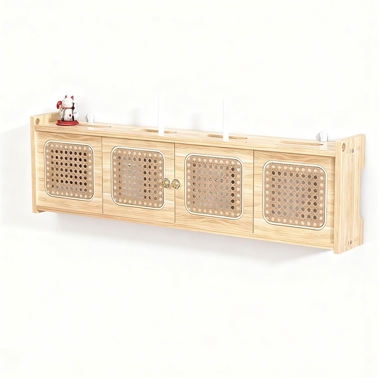 Wood & Rattan Router Storage Box, WiFi Router Cable Management Box for Hiding Cables, Sockets & Set Top Box, Decorative Wooden Cable Tidy Organiser Shelf for Home Living Room Office