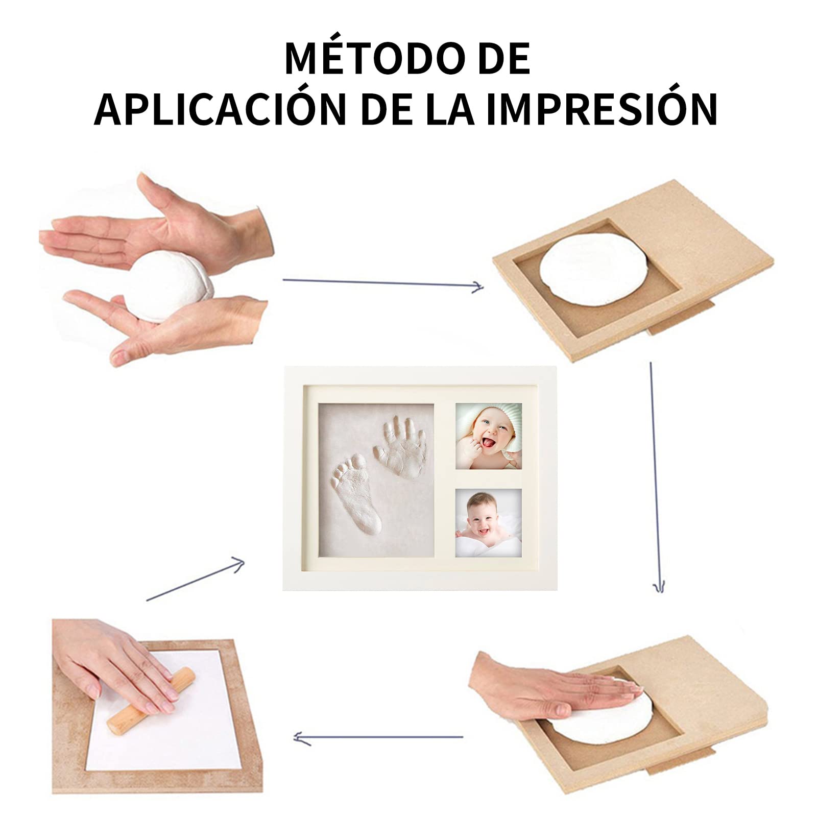 Marco de Huellas para Bebé Recuerdo, Kit de Impresión de Manos y Pies para Recién Nacidos, Regalo para Baby Shower, Bautizo, Navidad o Primer Cumpleaños - Incluye Arcilla Suave y Foto