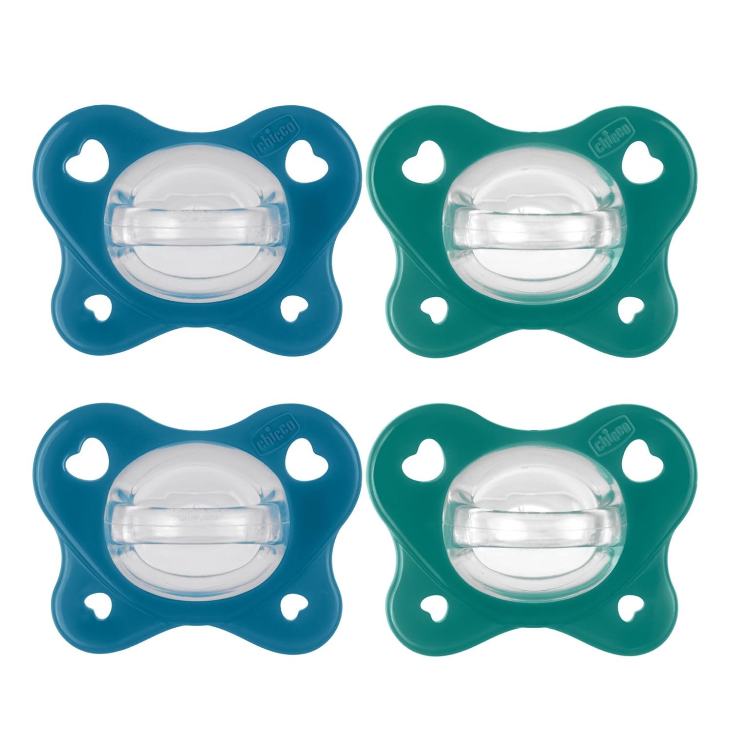 Chicco Gommotto Dual Soft, 16-36 Mesi, in Silicone, Bicolore, Set di Gommotti con Doppia Morbidezza, Supportano la Respirazione Fisiologica e Favoriscono il Corretto Sviluppo della Bocca, 4 pz, Blu
